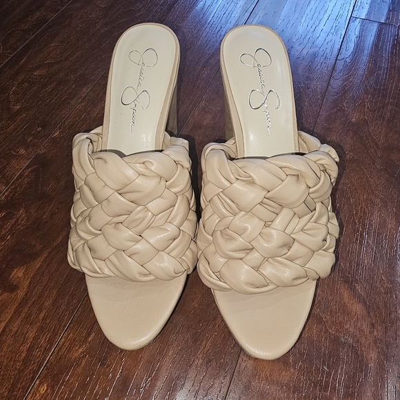 Jessica Simpson chunky wood plat-form faux leather braided heels, size 11M - Picture 4 of 7